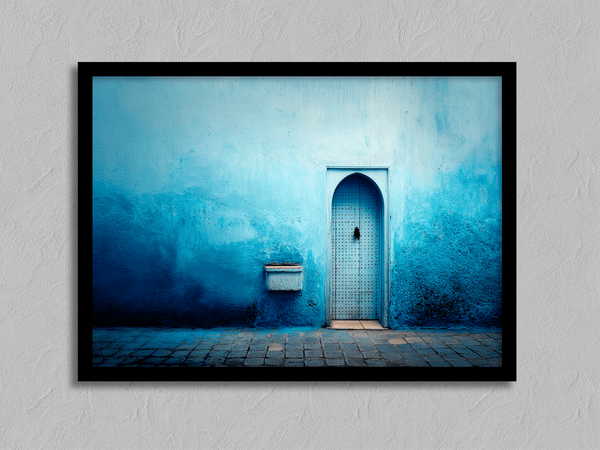 Framed fine art print of a Moroccan blue doorway. Minimalist travel-inspired wall art full of calm, texture, and timeless charm.