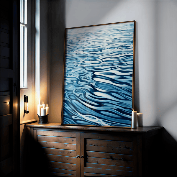 Discover Tranquil Drift, a calming abstract water reflection wall art print in navy & sky blue — perfect for modern minimalist interiors.