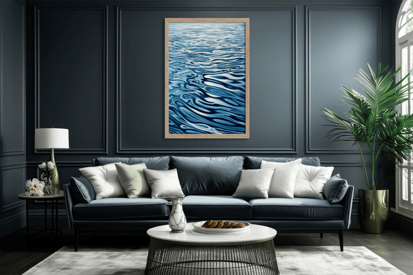 Discover Tranquil Drift, a calming abstract water reflection wall art print in navy & sky blue — perfect for modern minimalist interiors.