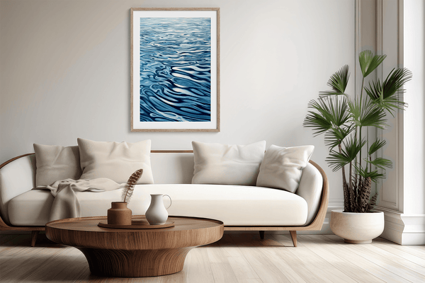Discover Tranquil Drift, a calming abstract water reflection wall art print in navy & sky blue — perfect for modern minimalist interiors.