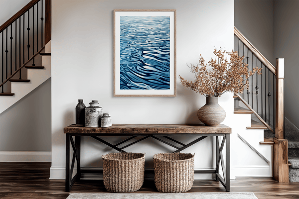 Discover Tranquil Drift, a calming abstract water reflection wall art print in navy & sky blue — perfect for modern minimalist interiors.