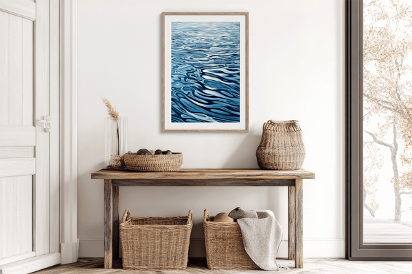 Discover Tranquil Drift, a calming abstract water reflection wall art print in navy & sky blue — perfect for modern minimalist interiors.