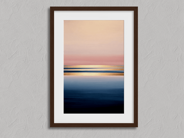Framed wall art of a soft watercolour ocean sunrise in pastel tones. A calm, minimalist seascape print. Ready to hang.
