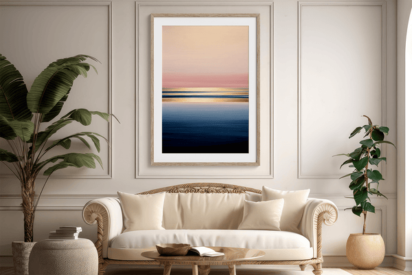 Framed wall art of a soft watercolour ocean sunrise in pastel tones. A calm, minimalist seascape print. Ready to hang.