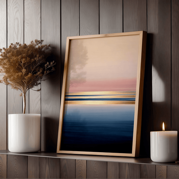 Framed wall art of a soft watercolour ocean sunrise in pastel tones. A calm, minimalist seascape print. Ready to hang.