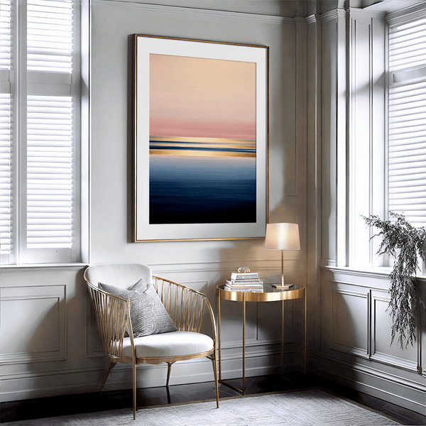 Framed wall art of a soft watercolour ocean sunrise in pastel tones. A calm, minimalist seascape print. Ready to hang.