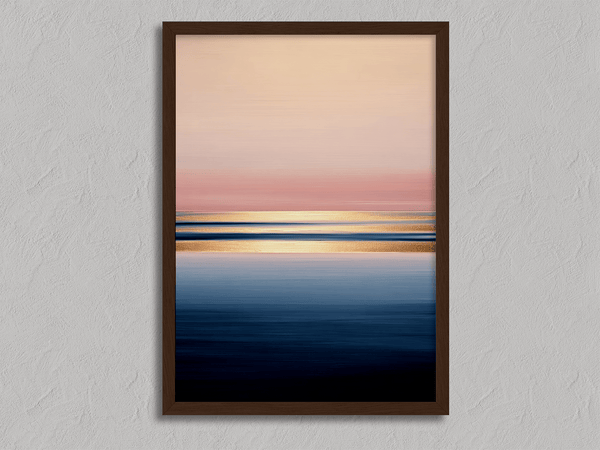 Framed wall art of a soft watercolour ocean sunrise in pastel tones. A calm, minimalist seascape print. Ready to hang.