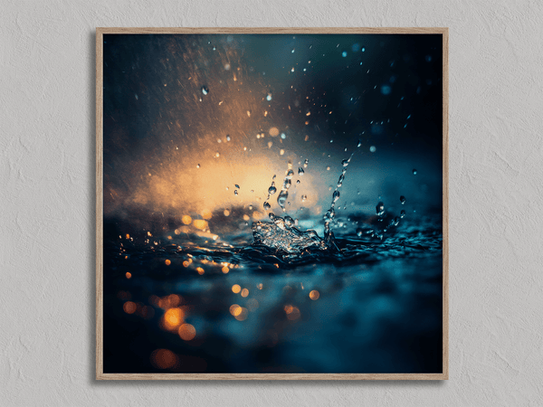 Capture serenity with vivid blues, greens, and golden light in this rainfall-inspired wall art print — a calming focal piece for any interior.