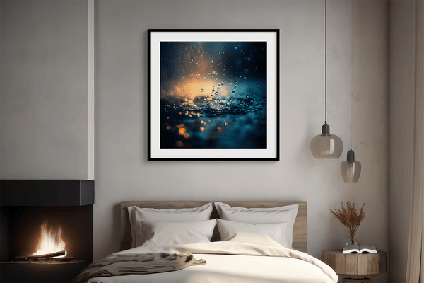 Capture serenity with vivid blues, greens, and golden light in this rainfall-inspired wall art print — a calming focal piece for any interior.