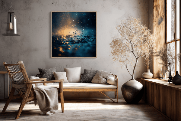 Capture serenity with vivid blues, greens, and golden light in this rainfall-inspired wall art print — a calming focal piece for any interior.