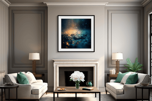 Capture serenity with vivid blues, greens, and golden light in this rainfall-inspired wall art print — a calming focal piece for any interior.