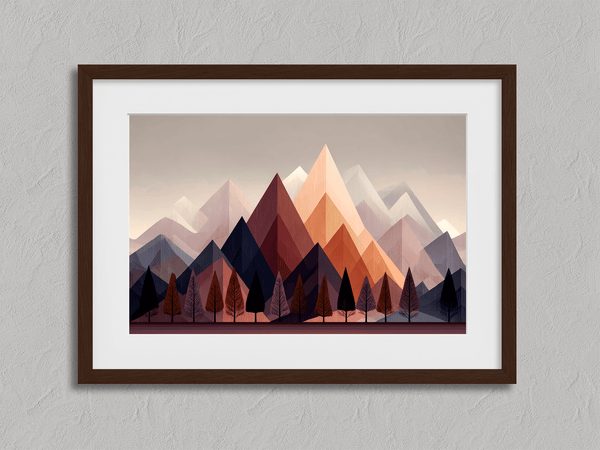 Discover Twilight Ember, a moody autumn fine art print of trees and mountains at dusk, blending aubergine, indigo, and soft peach.