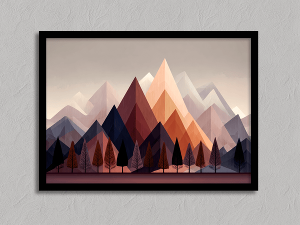 Discover Twilight Ember, a moody autumn fine art print of trees and mountains at dusk, blending aubergine, indigo, and soft peach.