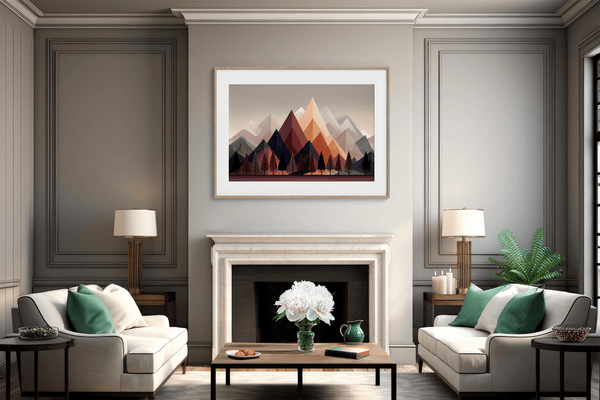 Discover Twilight Ember, a moody autumn fine art print of trees and mountains at dusk, blending aubergine, indigo, and soft peach.