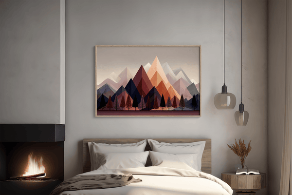 Discover Twilight Ember, a moody autumn fine art print of trees and mountains at dusk, blending aubergine, indigo, and soft peach.