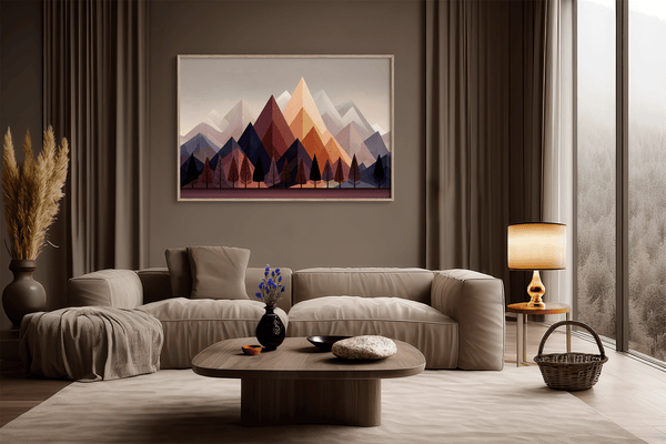 Discover Twilight Ember, a moody autumn fine art print of trees and mountains at dusk, blending aubergine, indigo, and soft peach.