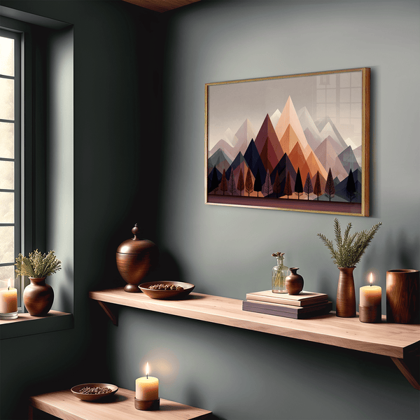 Discover Twilight Ember, a moody autumn fine art print of trees and mountains at dusk, blending aubergine, indigo, and soft peach.