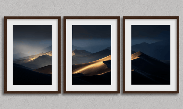 Discover Twilight Mirage, a panoramic desert dunes wall art print bathed in twilight glow with warm ambers and dusky blues.