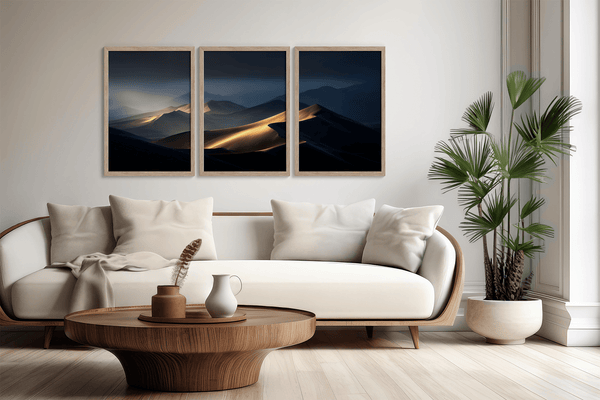 Discover Twilight Mirage, a panoramic desert dunes wall art print bathed in twilight glow with warm ambers and dusky blues.