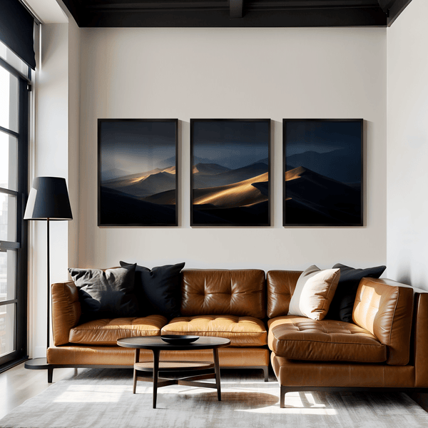 Discover Twilight Mirage, a panoramic desert dunes wall art print bathed in twilight glow with warm ambers and dusky blues.