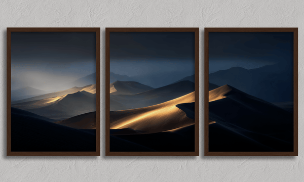 Discover Twilight Mirage, a panoramic desert dunes wall art print bathed in twilight glow with warm ambers and dusky blues.