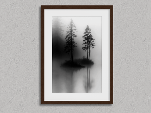 Framed wall art of two lone pines reflected in misty waters. A monochrome forest print evoking solitude and calm. Ready to hang.