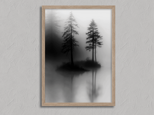 Framed wall art of two lone pines reflected in misty waters. A monochrome forest print evoking solitude and calm. Ready to hang.