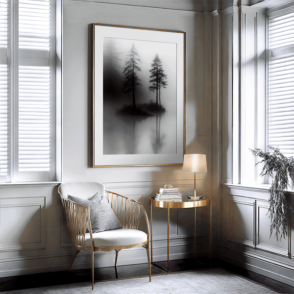 Framed wall art of two lone pines reflected in misty waters. A monochrome forest print evoking solitude and calm. Ready to hang.
