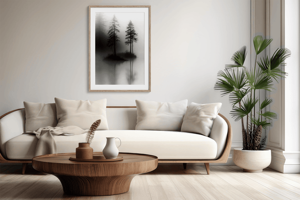 Framed wall art of two lone pines reflected in misty waters. A monochrome forest print evoking solitude and calm. Ready to hang.