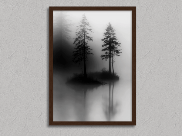 Framed wall art of two lone pines reflected in misty waters. A monochrome forest print evoking solitude and calm. Ready to hang.