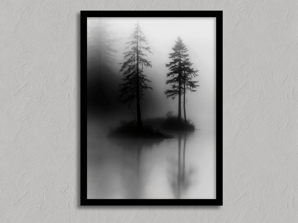 Framed wall art of two lone pines reflected in misty waters. A monochrome forest print evoking solitude and calm. Ready to hang.