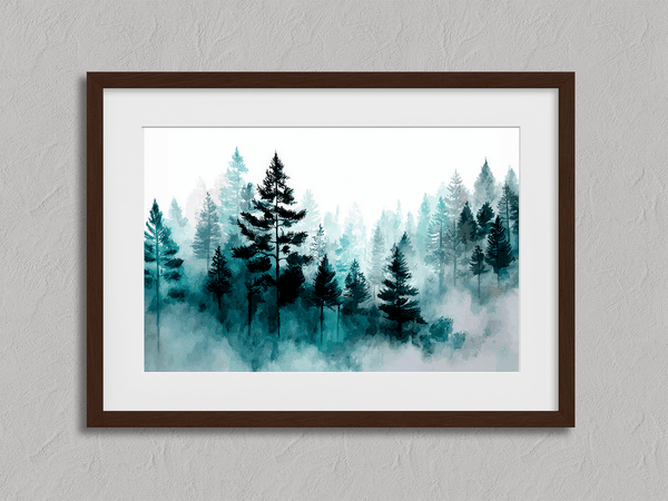 Framed wall art of pines in soft morning mist. A serene abstract forest print in muted blue-green tones. Ready to hang.