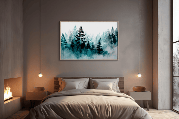 Framed wall art of pines in soft morning mist. A serene abstract forest print in muted blue-green tones. Ready to hang.