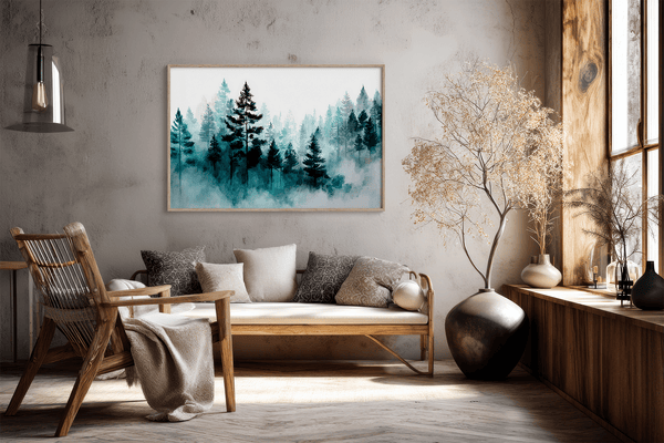 Framed wall art of pines in soft morning mist. A serene abstract forest print in muted blue-green tones. Ready to hang.