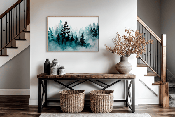 Framed wall art of pines in soft morning mist. A serene abstract forest print in muted blue-green tones. Ready to hang.