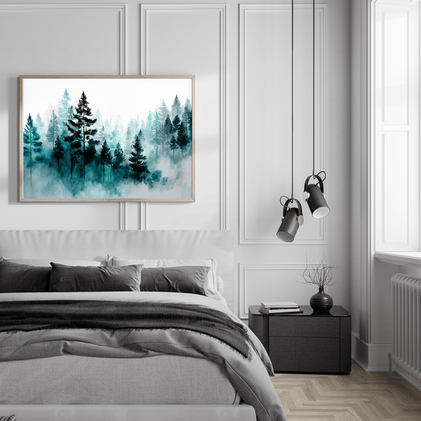 Framed wall art of pines in soft morning mist. A serene abstract forest print in muted blue-green tones. Ready to hang.