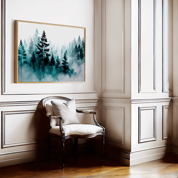 Framed wall art of pines in soft morning mist. A serene abstract forest print in muted blue-green tones. Ready to hang.