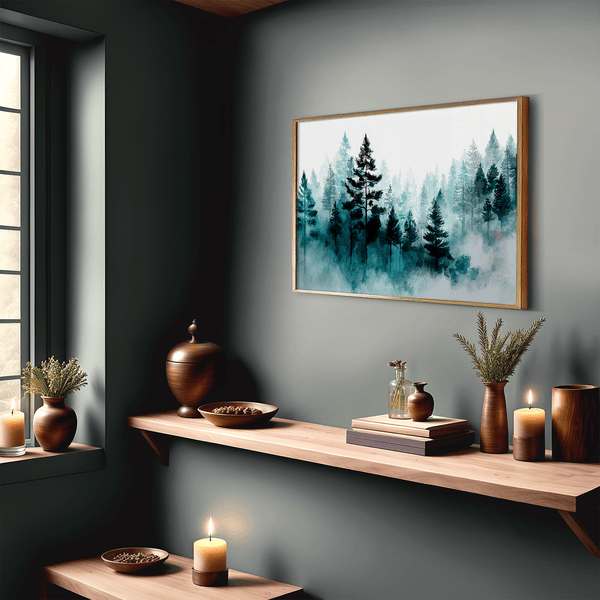 Framed wall art of pines in soft morning mist. A serene abstract forest print in muted blue-green tones. Ready to hang.