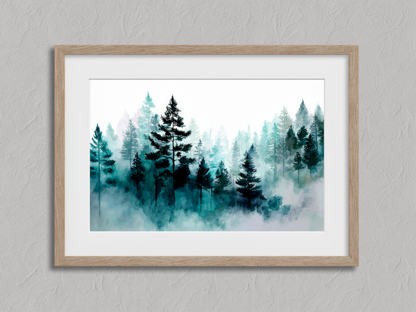 Framed wall art of pines in soft morning mist. A serene abstract forest print in muted blue-green tones. Ready to hang.