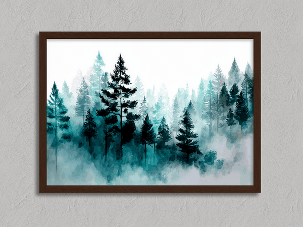 Framed wall art of pines in soft morning mist. A serene abstract forest print in muted blue-green tones. Ready to hang.