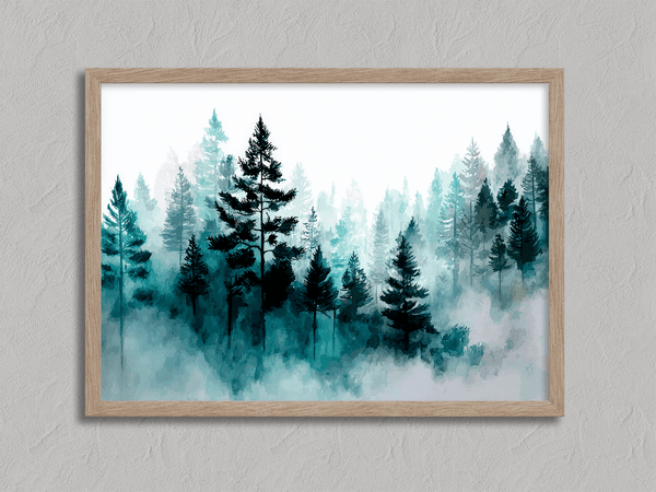 Framed wall art of pines in soft morning mist. A serene abstract forest print in muted blue-green tones. Ready to hang.