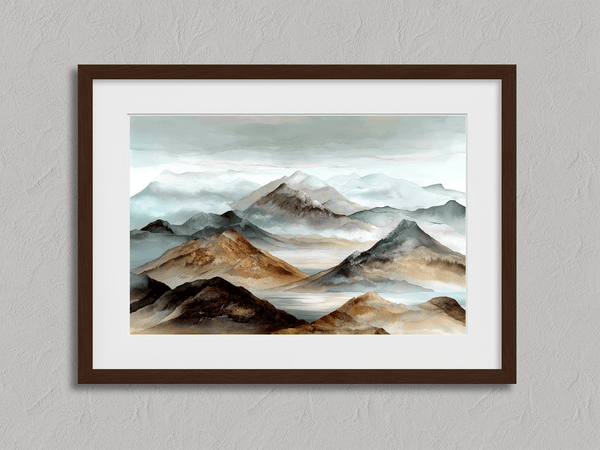 Framed wall art of watercolour mountain print in soft blues and greys. A quiet, misty landscape for calm interiors.
