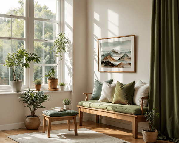 Framed wall art of watercolour mountain print in soft blues and greys. A quiet, misty landscape for calm interiors.