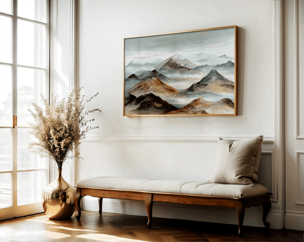 Framed wall art of watercolour mountain print in soft blues and greys. A quiet, misty landscape for calm interiors.