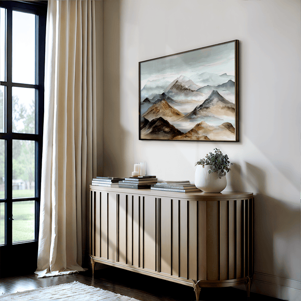 Framed wall art of watercolour mountain print in soft blues and greys. A quiet, misty landscape for calm interiors.