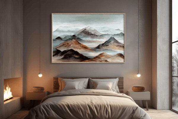 Framed wall art of watercolour mountain print in soft blues and greys. A quiet, misty landscape for calm interiors.