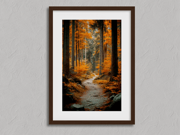 Framed wall art of an autumn woodland path with tall pines and golden leaves. A tranquil seasonal forest print. Ready to hang.
