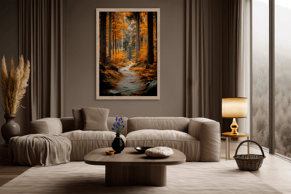 Framed wall art of an autumn woodland path with tall pines and golden leaves. A tranquil seasonal forest print. Ready to hang.