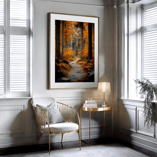 Framed wall art of an autumn woodland path with tall pines and golden leaves. A tranquil seasonal forest print. Ready to hang.
