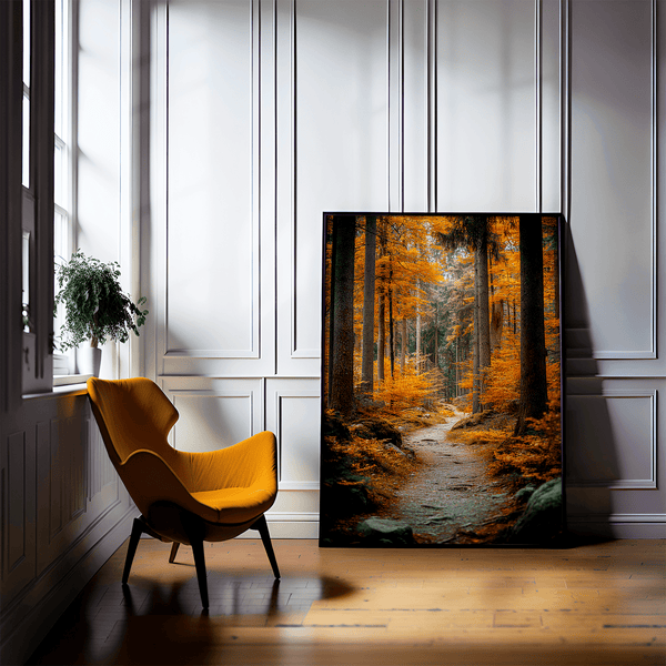 Framed wall art of an autumn woodland path with tall pines and golden leaves. A tranquil seasonal forest print. Ready to hang.